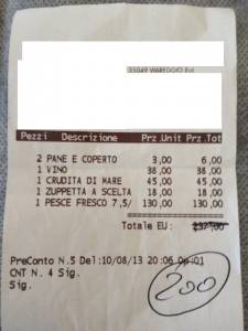 Scontrino Ristorante a Viareggio