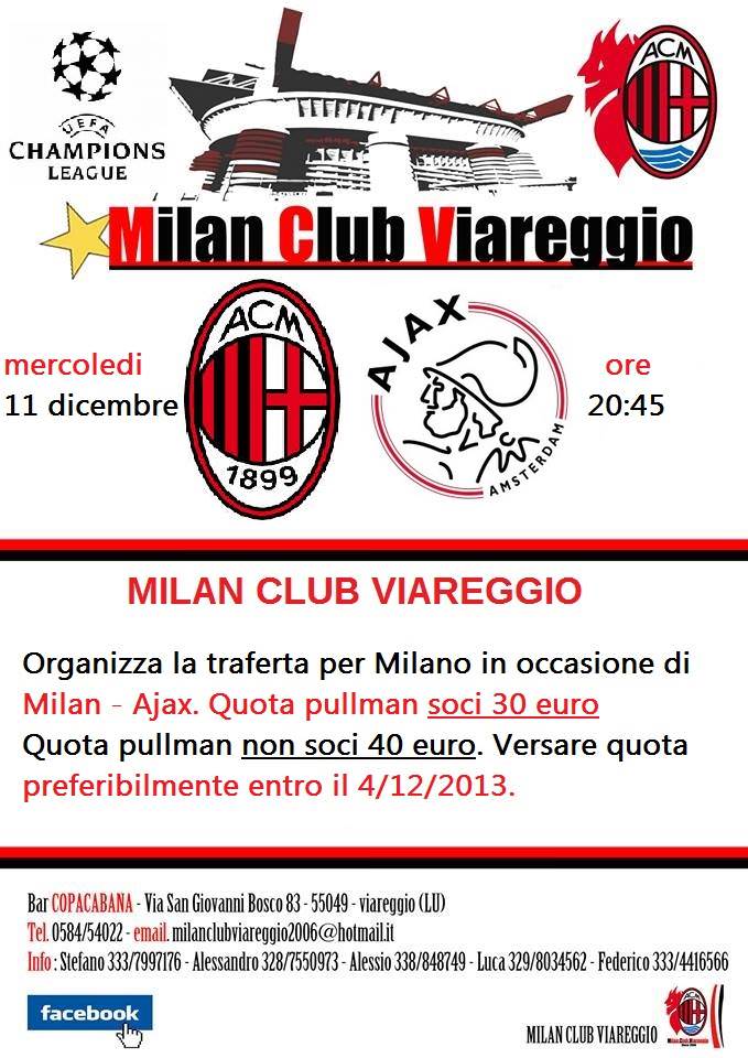 Il Milan Club Viareggio organizza un pullman per la sfida di Champions con l’Ajax