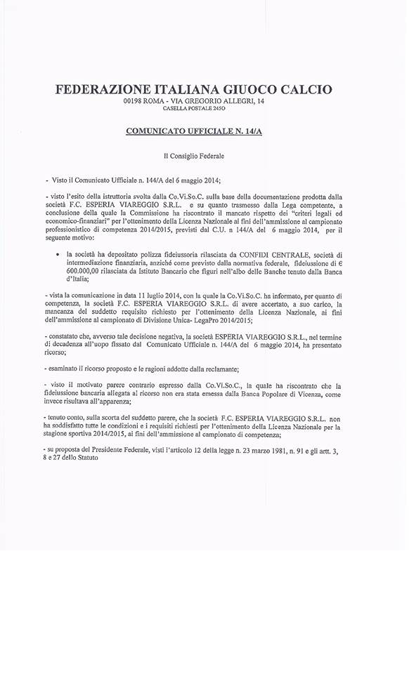 Mancata iscrizione del Viareggio alla Lega Pro, le motivazioni del Consiglio Federale