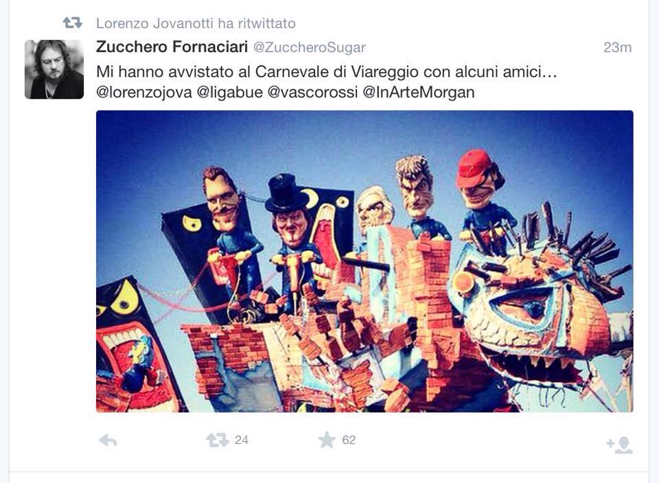 Zucchero cita il carro di Tomei su Twitter: “Mi hanno avvistato al Carnevale di Viareggio…”