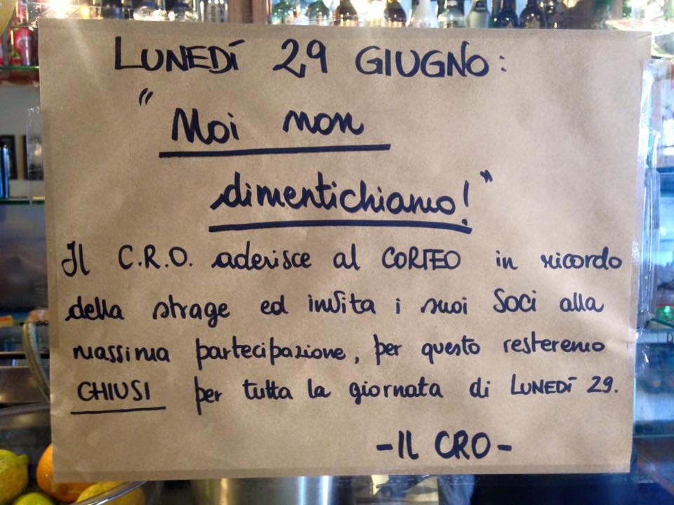 Cro Darsene chiuso per il 29 giugno: “Andiamo tutti al corteo in ricordo della strage”