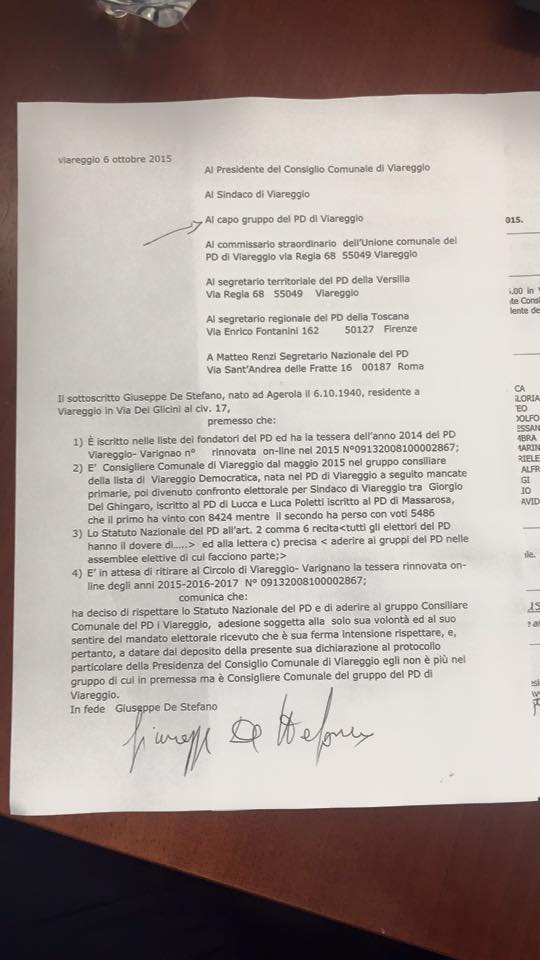 De Stefano lascia Viareggio Democratica: “Voglio tornare nel Pd”