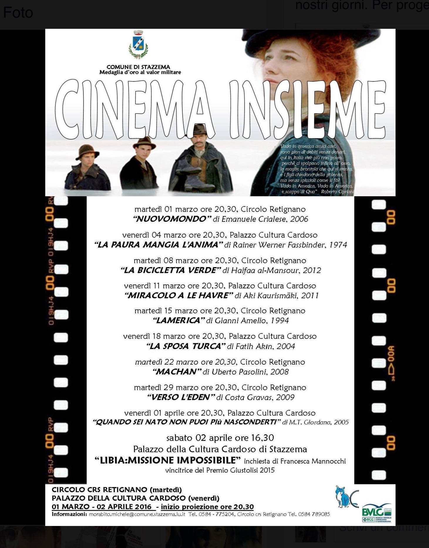 Rassegna cinematografica “Cinema Insieme” al Palazzo della Cultura in Cardoso e al Circolo di Retignano