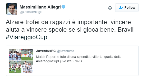 I complimenti di Allegri per il trionfo della Juve alla Viareggio Cup