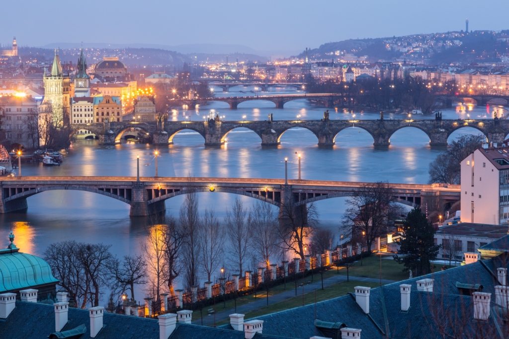 Prague at Twilight view of Bridges on Vltava