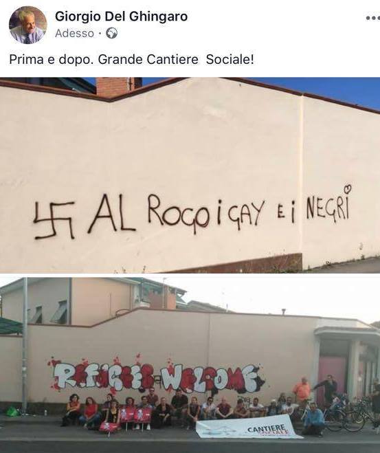 “Prima e dopo, grande Cantiere Sociale”: il Sindaco Del Ghingaro plaude al murales che ha coperto le scritte omofobe e razziste