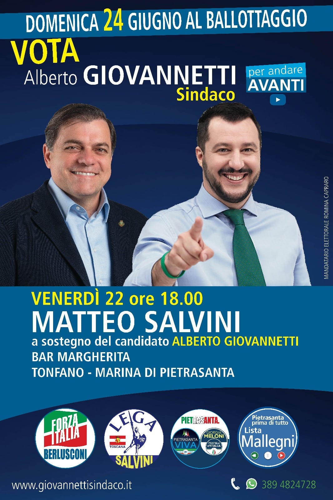 Elezioni Pietrasanta, Matteo Salvini a Tonfano per sostenere Giovannetti