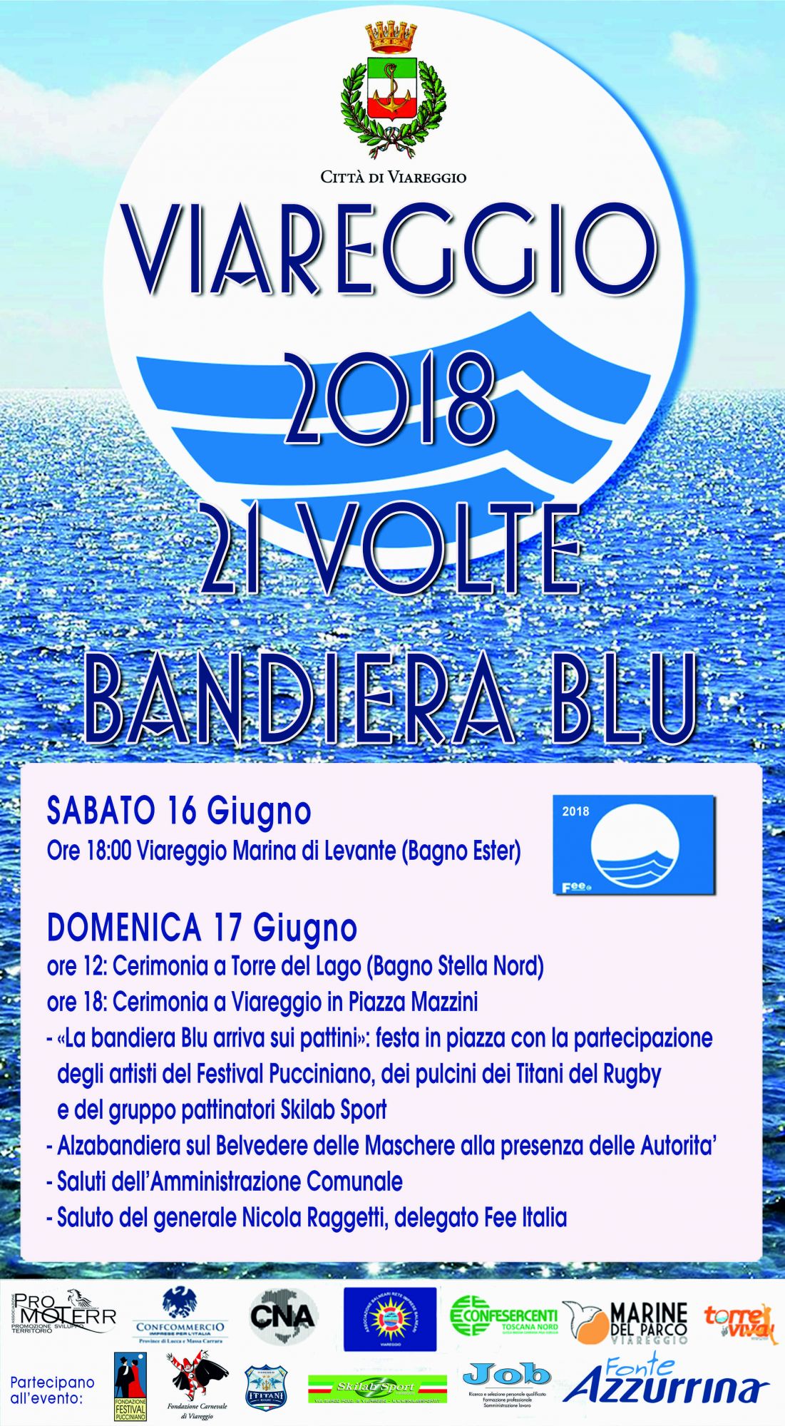 Bandiera Blu a Viareggio, la cerimonia domenica sul Belvedere delle Maschere