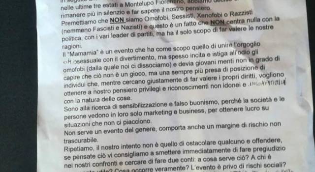 Il Mamamia in tour a Montelupo e il volantino anonimo: &#8220;Istiga all&#8217;omofobia&#8221;