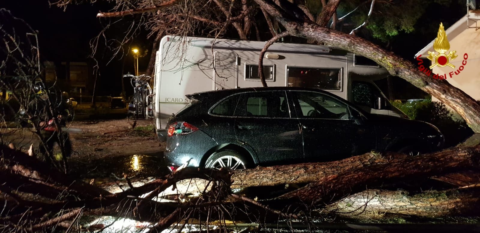 Bomba d’acqua nel grossetano: allagato un campeggio, un grosso pino si è abbattuto su un camper e un’auto