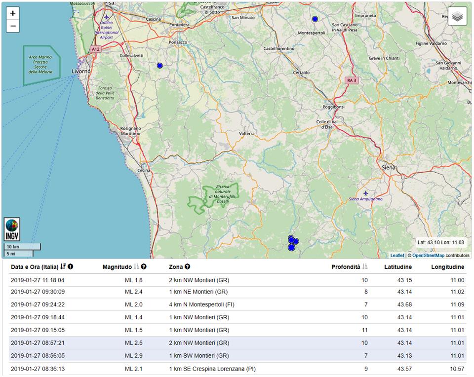 Altre tre scosse di terremoto in Toscana: i movimenti tellurici salgono a 8