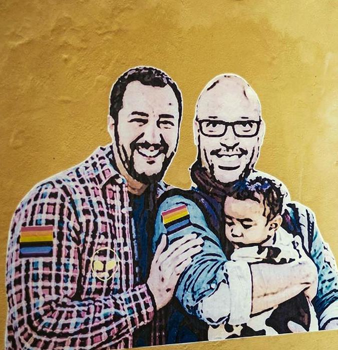 Salvini e Fontana coppia arcobaleno, il murales a Lucca