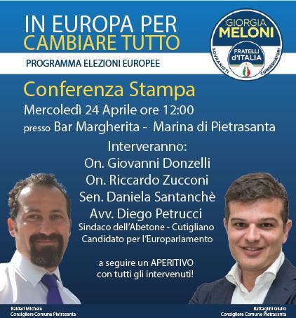 Appuntamento con Fratelli d’Italia domani a Marina di Pietrasanta. Con Zucconi, Santanchè, Donzelli e Petrucci si parlerà di europee