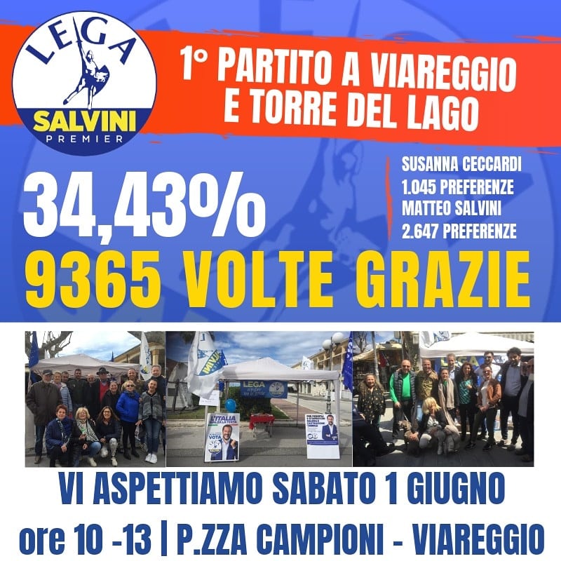 Lega primo partito a Viareggio e Torre del Lago, domani gazebo della vittoria