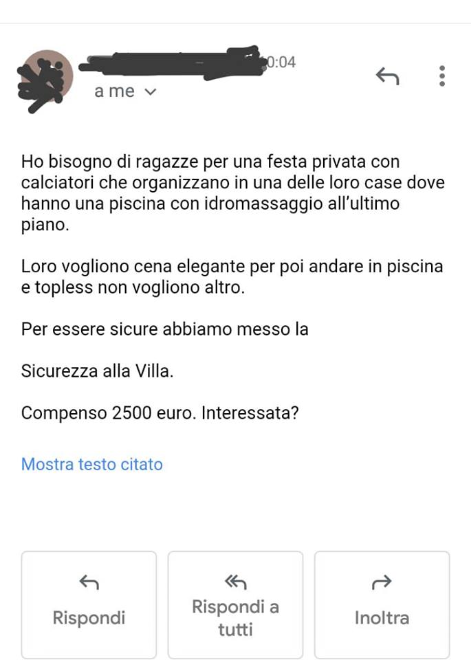 Offerta di lavoro per festa privata, compenso 2500 euro. Richiesto il topless