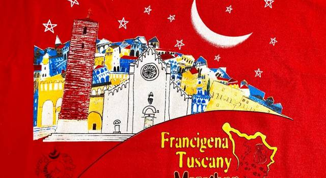 Francigena: “inaugura” mega drappo (20 metri) artistico lungo Campanile Duomo