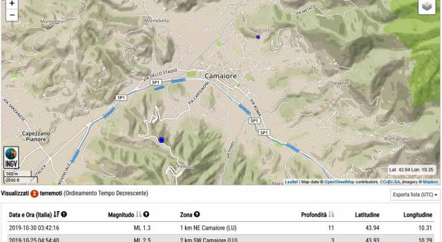 Terremoto strumentale a Camaiore nella notte: a distanza di 5 giorni, orario analogo