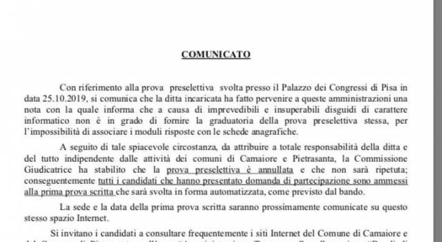 Disguido informatico, annullata la prova preselettiva dei concorsi in comune a Camaiore e Pietrasanta