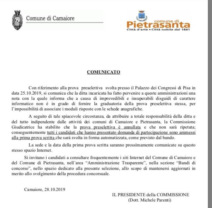 Disguido informatico, annullata la prova preselettiva dei concorsi in comune a Camaiore e Pietrasanta