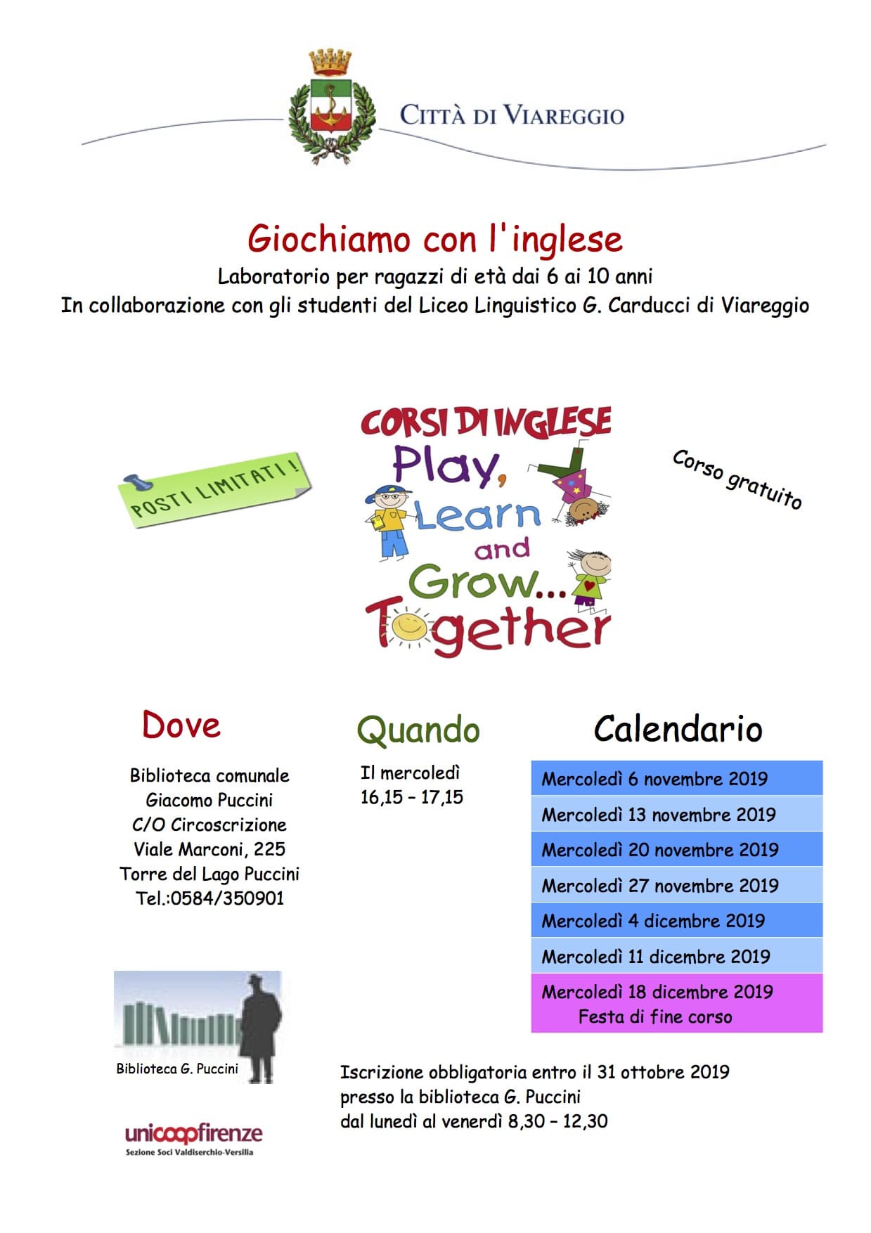 “Giochiamo con l’inglese”, laboratori di lingua alla biblioteca di Torre del Lago