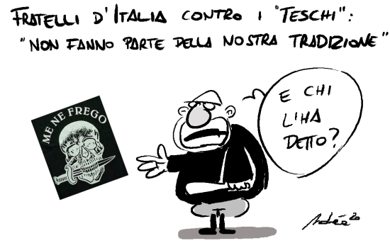 Fratelli d&#8217;Italia contro i teschi del Carnevale: ecco la vignetta di Andrea Vassalle