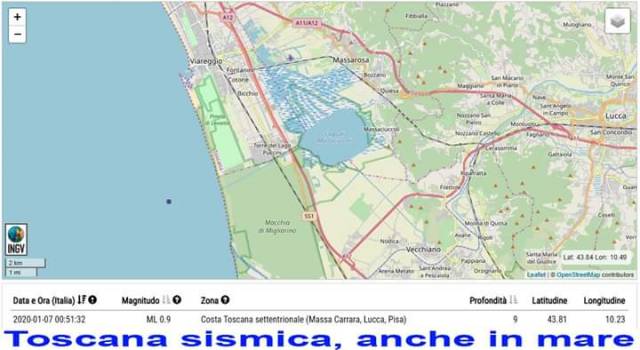 Micro scossa sismica in mare di fronte a Torre del Lago