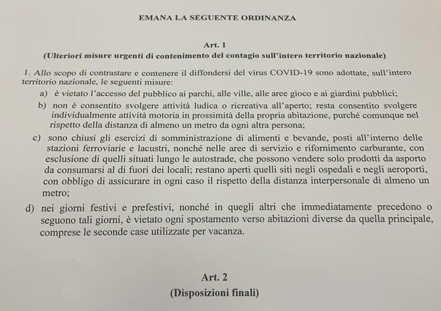 Coronavirus, nuova ordinanza del Governo con misure più restrittive