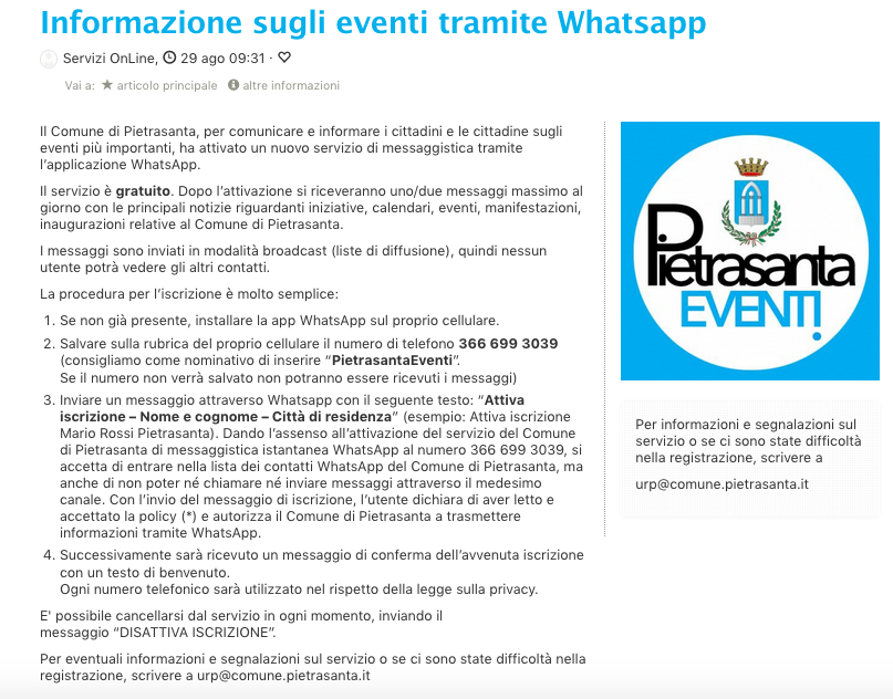 Turismo: vuoi essere informato sugli eventi in città? c’è il servizio WhatsApp “Pietrasanta Eventi”