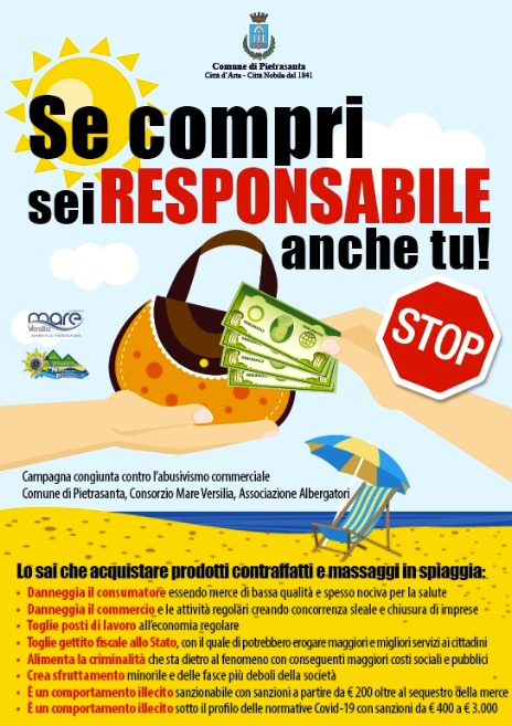 “Se compri sei responsabile anche tu”, campagna contro abusivi in spiaggia a Pietrasanta (e trasgressori norme anti-diffusione)