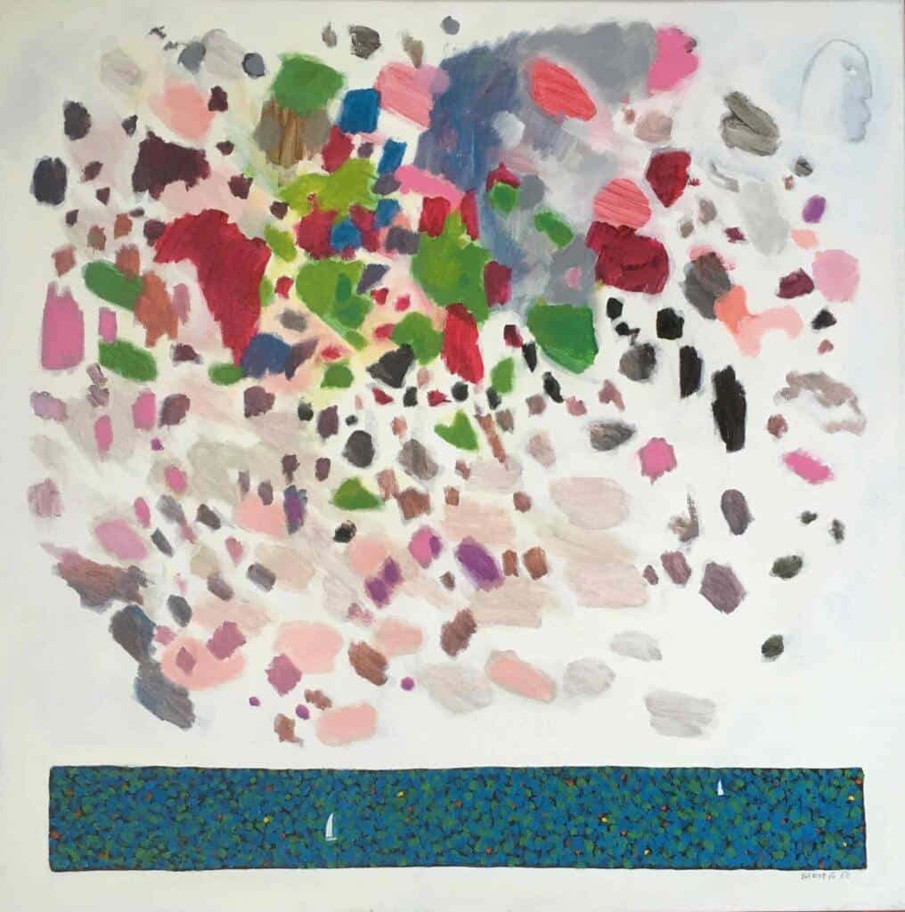 Una delle pitture in mostra nuvole sul mare